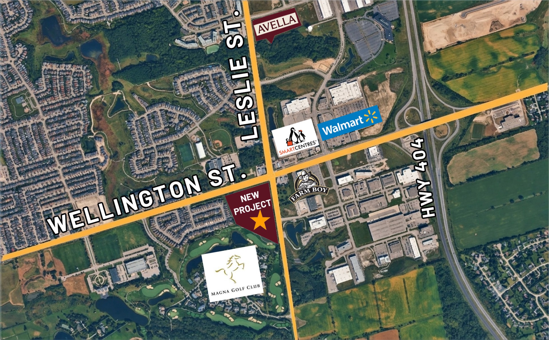 Map showing Avella new project location at Wellington Street and Leslie Street near Magna Golf Club, SmartCentres, Walmart, Farm Boy, and Highway 404
